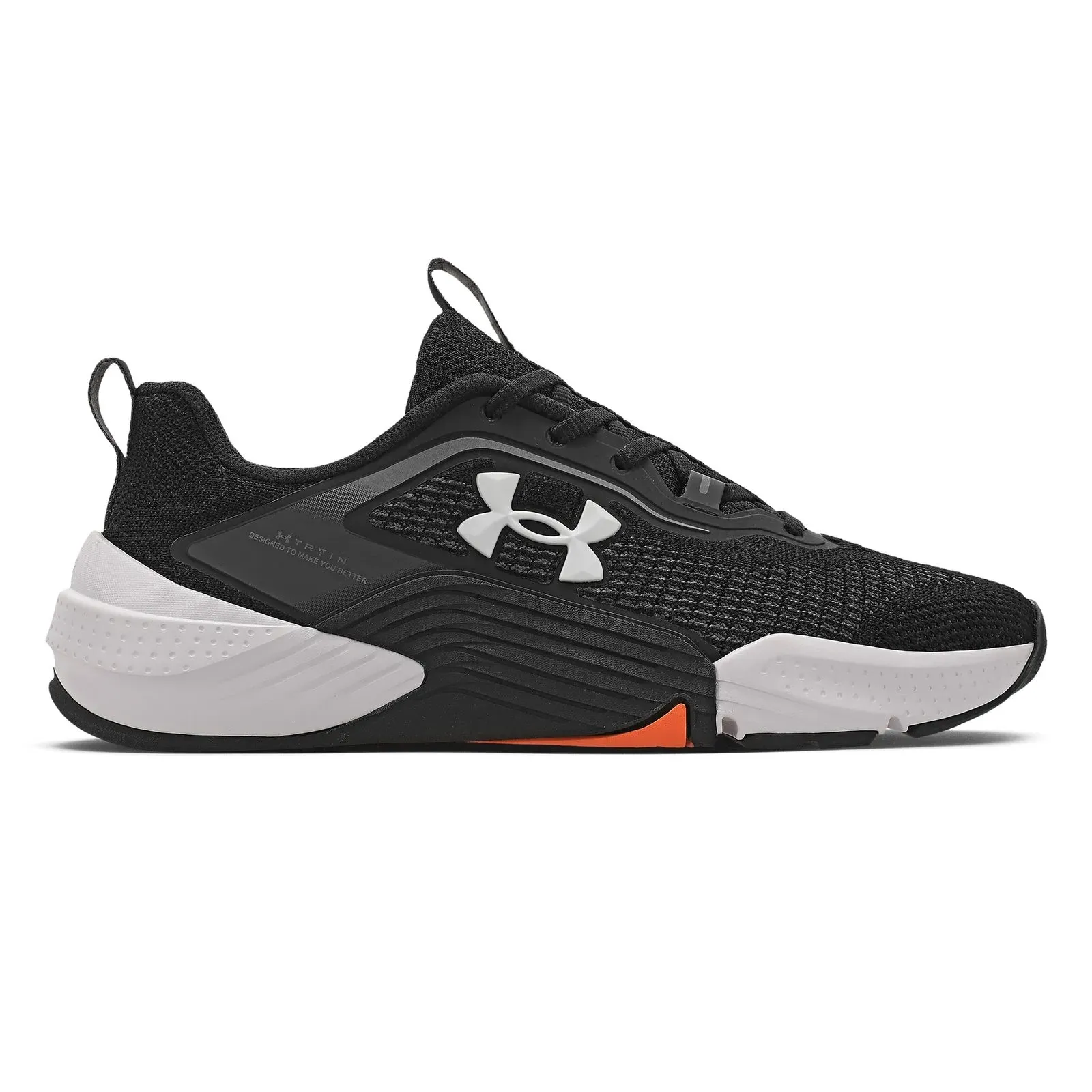 Tênis masculino Under Armour Tribase Reps 2 preto com detalhes em branco e laranja, vista lateral esquerda.